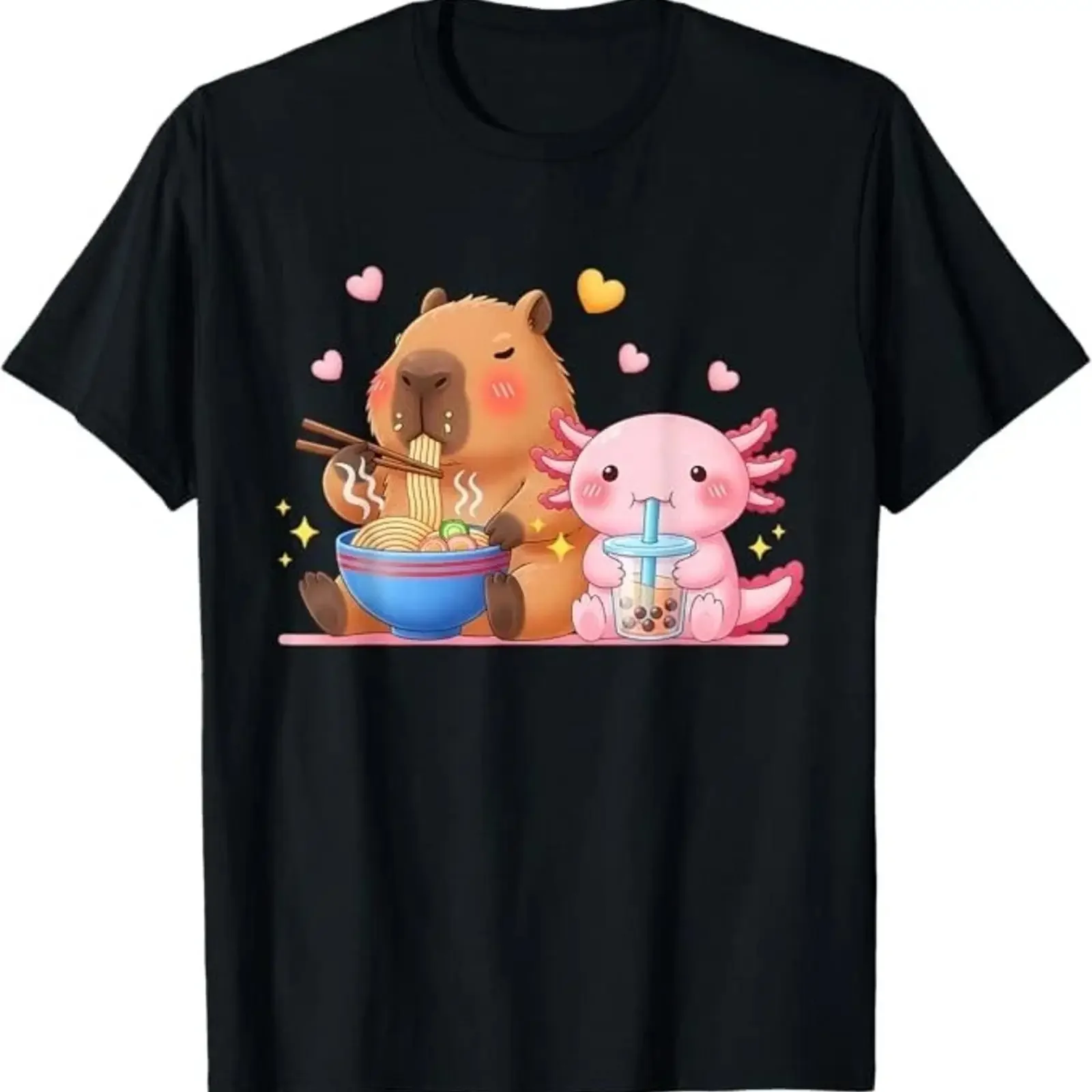 Camiseta Kawaii con Estampado de Capibara y Boba de Axolotl para Niños y Niñas, Estilo Vintage Lavado, Streetwear Ligeramente Elegante