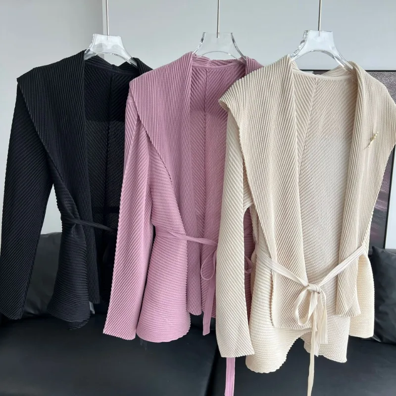 Miyake Pleated Lapel Suit Jacket Fashionable Solid Color Autumn New 2024 Cardigan Drawstring Long Sleeved Cardigan