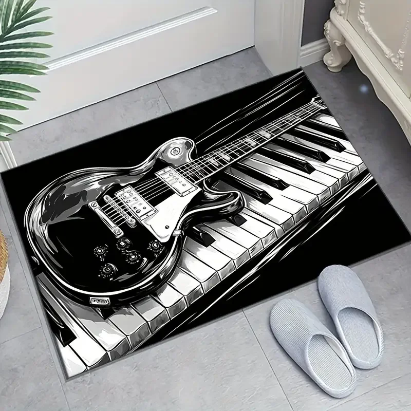 Music Theme Piano Keyboard Guitar Pattern Rug Black White Music Room Carpet Living Room Bedroom Floor Mat Home Decor Studio
