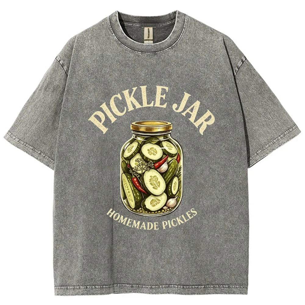 Pickle Jar Homemade Pickles Graphic T Shirt Men Women Vintage Washed Black Tee Funny Food Short Sleeve Casual  ﻿