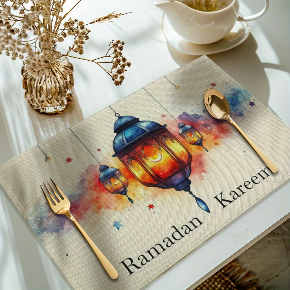 1PC Suige Home Ramadan Moon Lamp Placemats, 100% Linen Rectangular Table Mats
