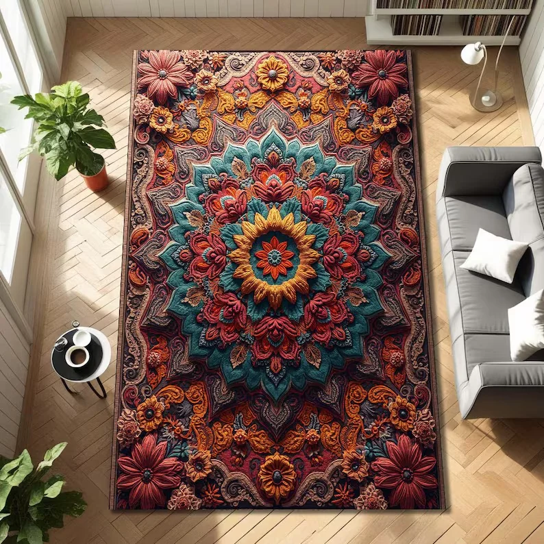 Mandala Area Rug in Bold Boho Maximalist Style Sacred Geometry Carpet for Whimsigoth Home Decor Meditation or Living Room