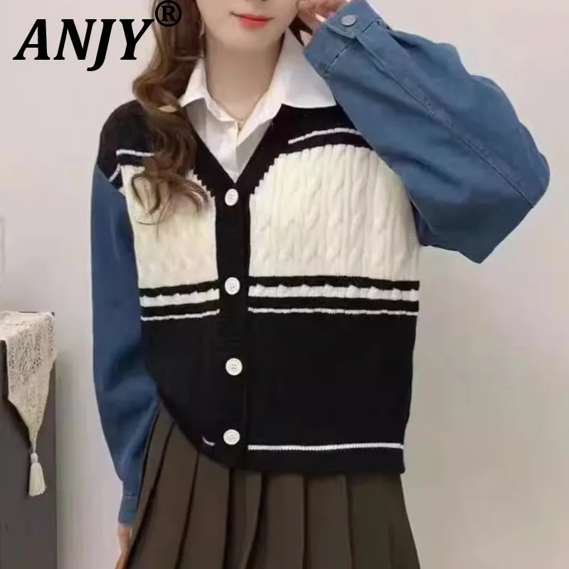 

ANJY Autumn New Women Korean Y2K Jacket V-neck Knitted Sweater Spliced Contrast Color Fake Two-Piece High Street Chic Coat A9191