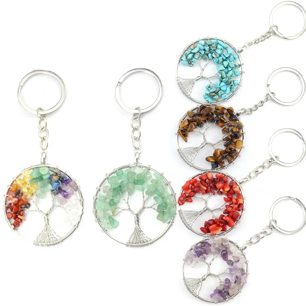 

10pc Colorful Women Natural Chip Quart Stone Bead Tree of Life Charms Keychains Lobster Clasps Key Rings Pendant for Bag Hanging