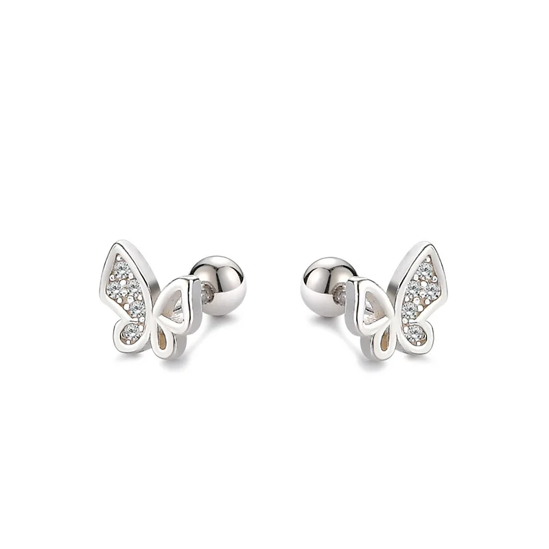 

999 Sterling Silver Earring Simple Openwork Butterfly Crystal Turnbuckles Stud Earring For Women Girl Wedding Party Jewelry Gift