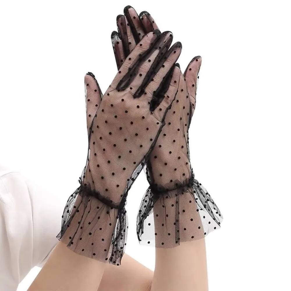 Fashion Ultra Thin Tulle Polka Dot Gloves Transparent Full Finger Lace Mesh Gloves Breathable Wedding Party Mittens Bride