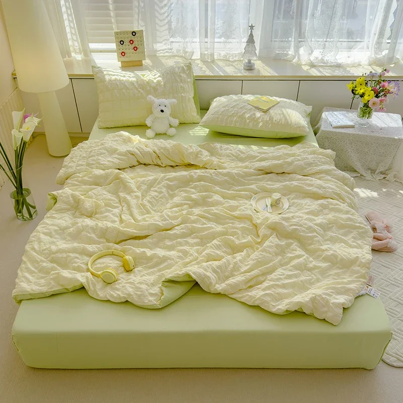 Quality Seersucker Cool Summer Quilt Soft-lightweight Breathable Blanket Thin Cloud-feeling Bare Sleeping Comforter Duvet Set