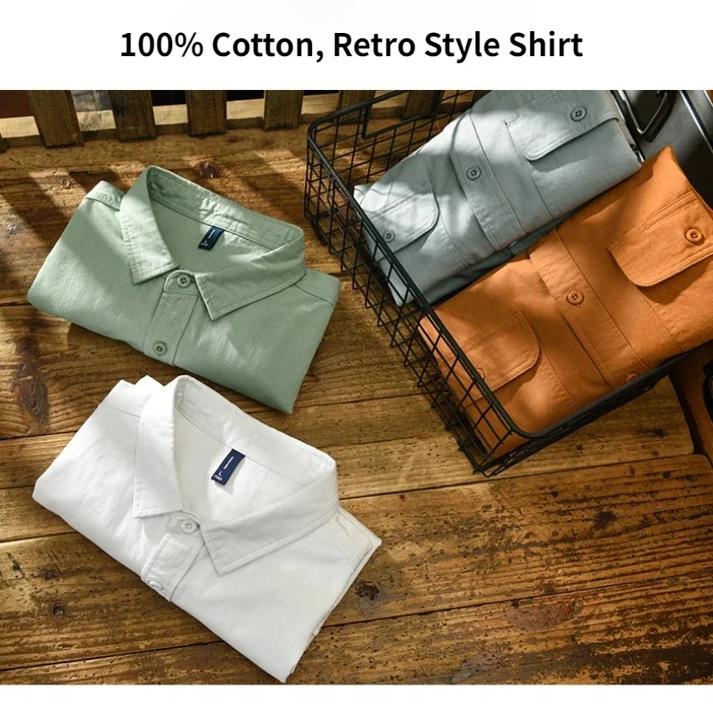 Spring and Autumn New Men Men\'s White Long Sleeve Shirt Pure Cotton Retro Style Button Up Pocket Male White Clothes Top