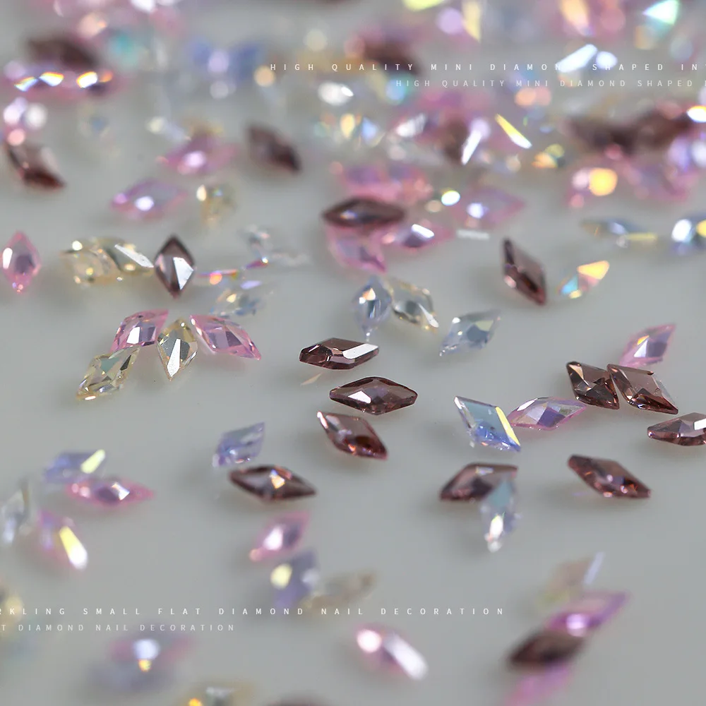 50Pcs Pink Nail Rhinestones Mini Rhombus Flat Bottom AB Color Nail Art Crystal Gems Sparkling Jewelry DIY 3D Nail Art Decoration