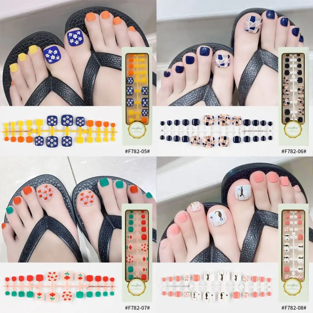 24 قطعة الترتر الأظافر وهمية غطاء كامل قصير ساحة تو الأظافر القدم الأظافر نصائح للفتيات النساء