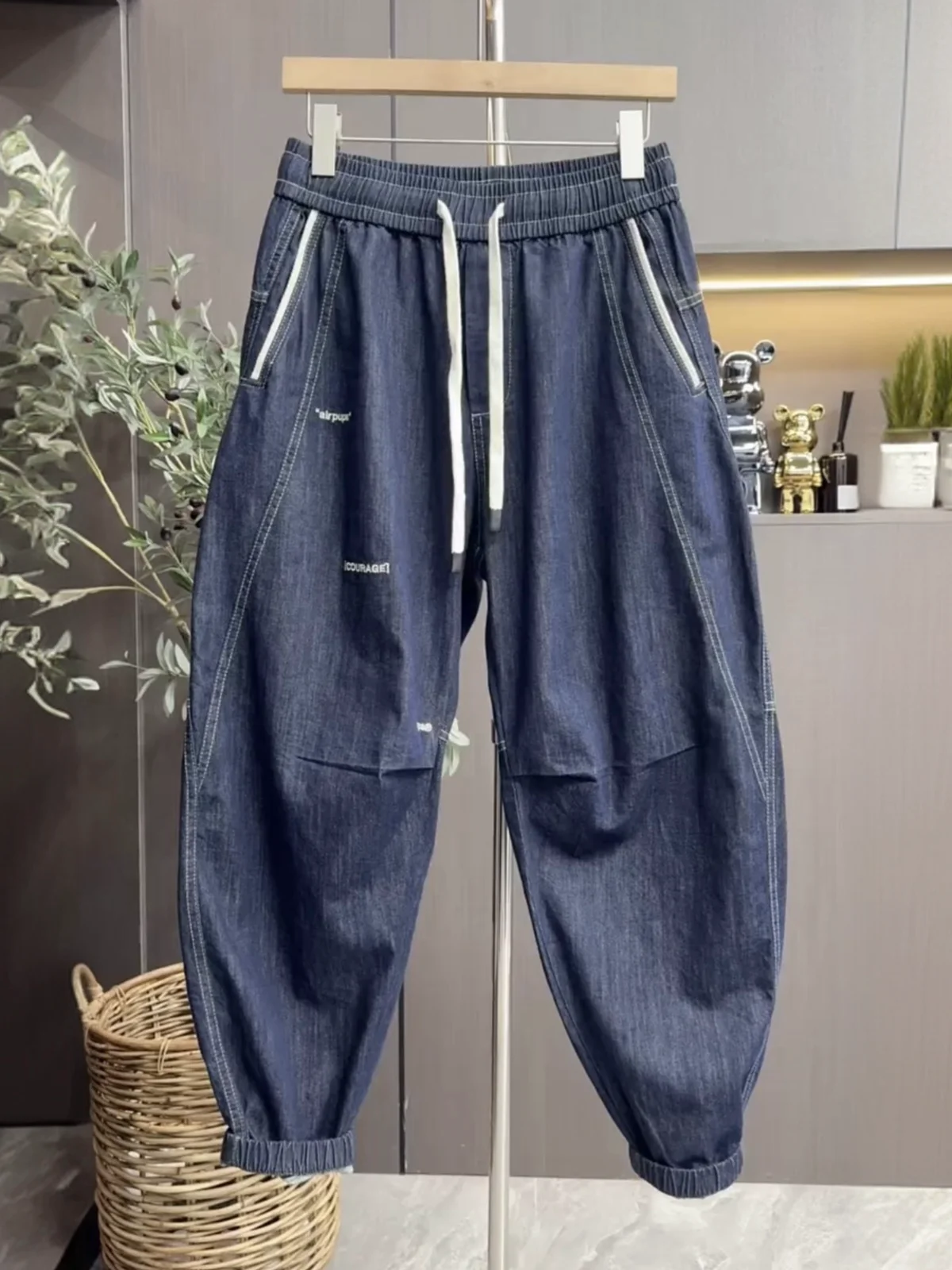 

Spring Autumn Heavyweight Waed Embroidered Letter Cuffed Jeans Men's Versatile Loose Breathable Harlan Casual Pants