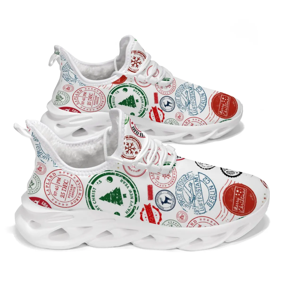 Winter Fleece Lined Christmas Postmark Walking Shoes Adult Neutral Holiday Print Lace Up Comfort Blade Sole Sneakers Gift