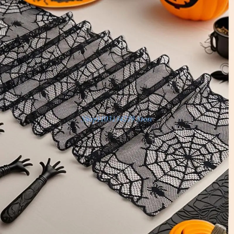 N5KC Halloweens Black Lace Polyester Tablecloth for Party Decorations Fabric Easy To Cleaning Foldable Designs