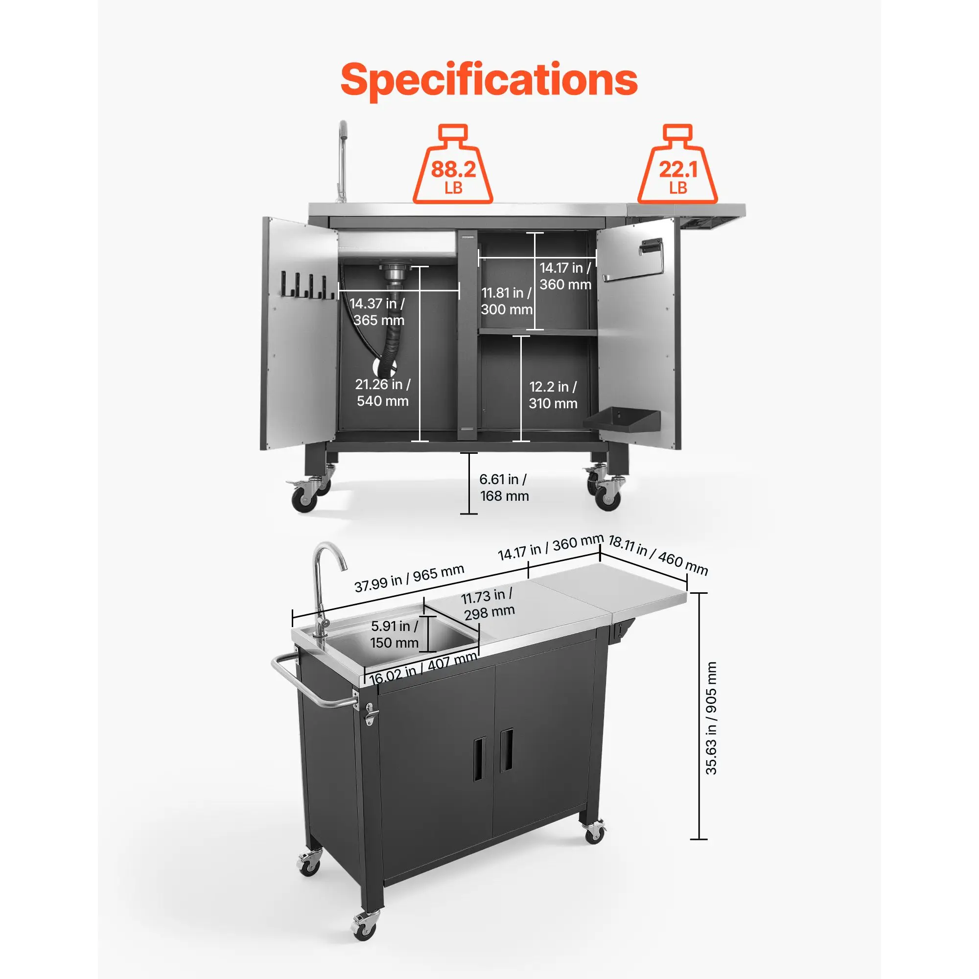 Outdoor Grill Cart with Sink and Storage Cabinet, 52 Inch Grill Table, Waterproof Kitchen Island with Stainless Steel Top, Spice Rack, Wheel, Movable Food Prep Station for Patio Bar Backyard BBQ