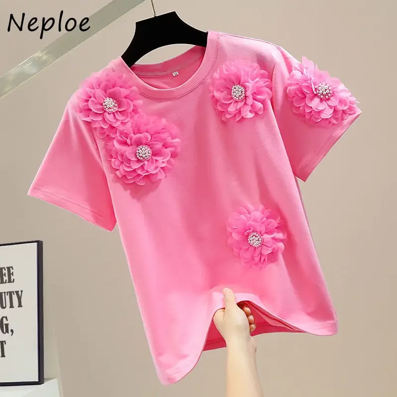 Neploe Women Loose All-match Tees Heavy Beaded Sweet Stereo Flower Decoration Tops Round Neck Pullover Short Sleeved T-shirt