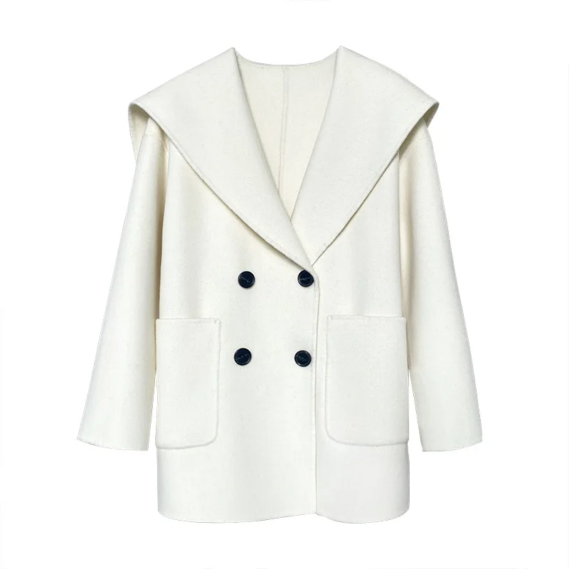 2024 Winter Both Side 3 Colors Options Long Sleeve Sailor Collar Double-breasted All Match Women Wool Solid Coat