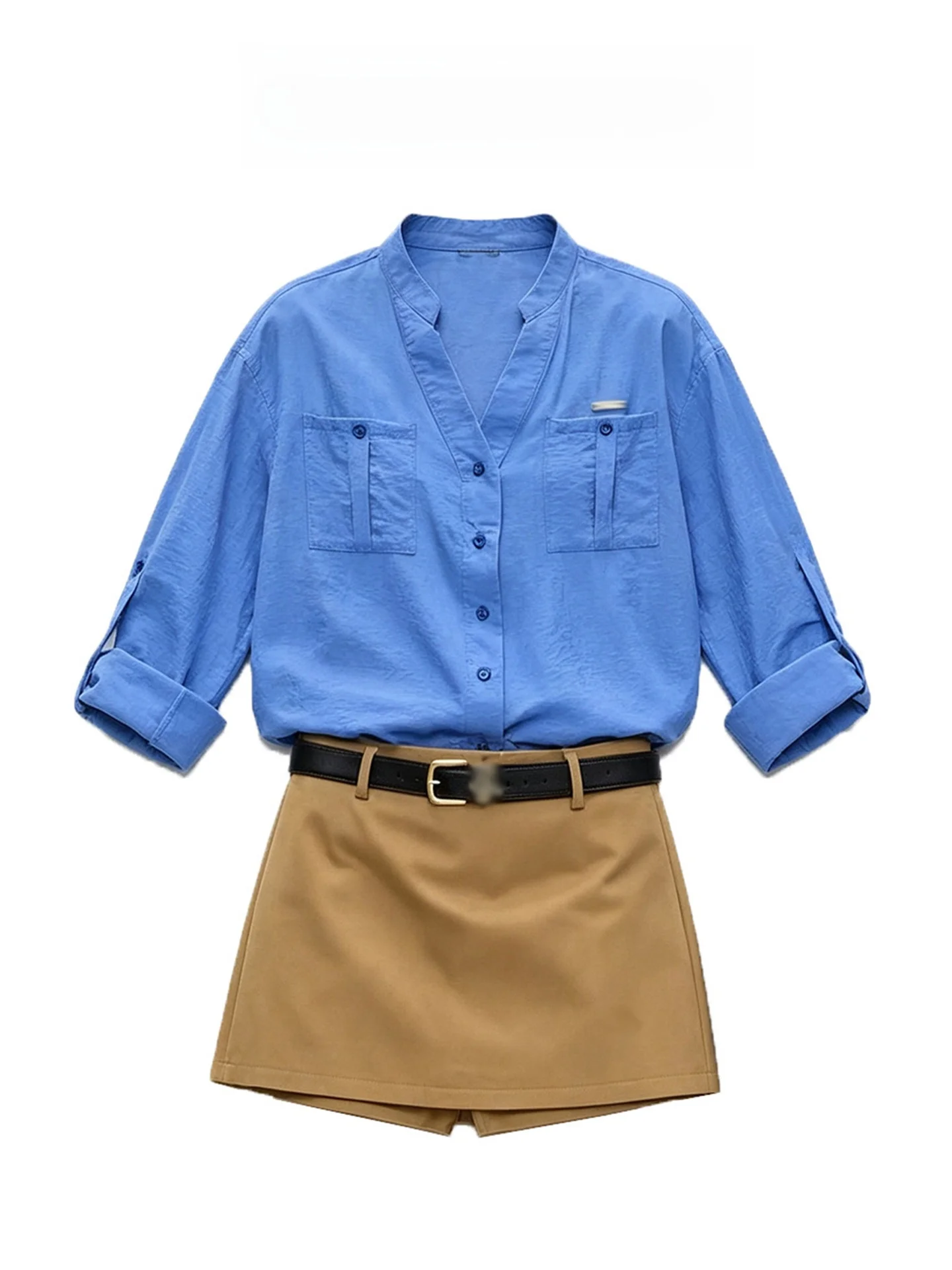 High-End Klein Blue Long Sleeve Loose Women's Shirt Autumn Outerwear Khaki  Skirt Two-Piece Set Casual Style Breathable L...