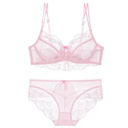 Sweet Lace Lingerie Bra & Brief Sets Women Transparent Hollow Out Lace Bra Top Female Thin Cotton Sexy Soft Embroidered Bra Set