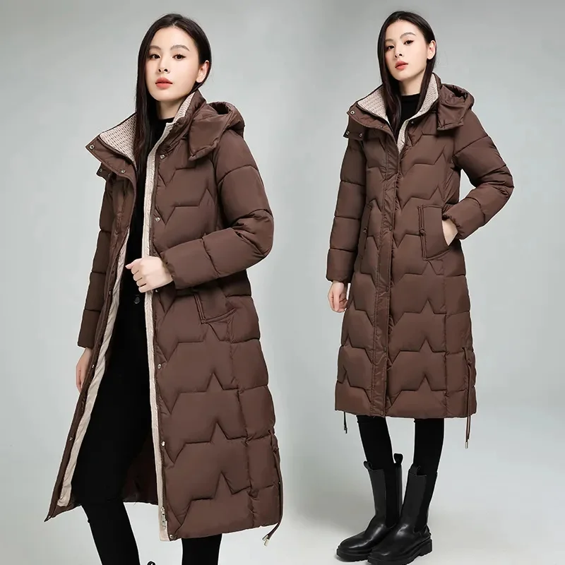 Długi płaszcz zimowy damski koreański 2025 z kapturem, parki, ciepły, gruby, czarny, beżowy, wiatroodporny, płaszcz puchowy z bawełny, odzież wierzchnia