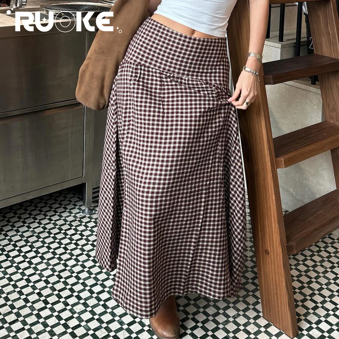 [RUOKE] French Vintage Long Skirt For Women Casual Low Waist Plaid A Line Skirt Spring Summer Daily Commute Holiday Outfit Trend