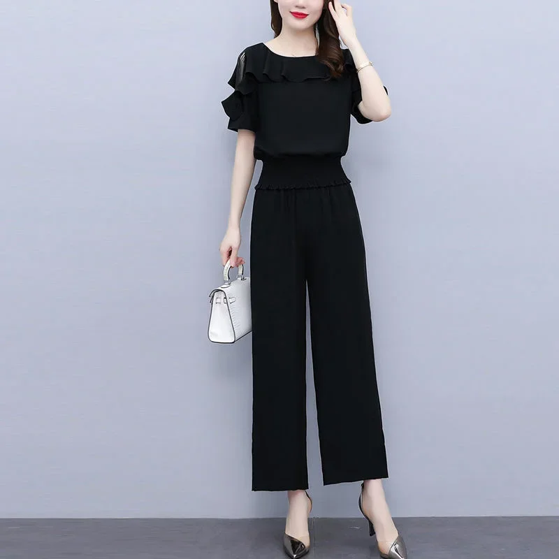 

Women's Suit Waistband Lace Openwork Off The Shoulder Short Sleeve Tops Wide Leg Pants 2 Two Piece Set 2025 Summer New Tracksuit