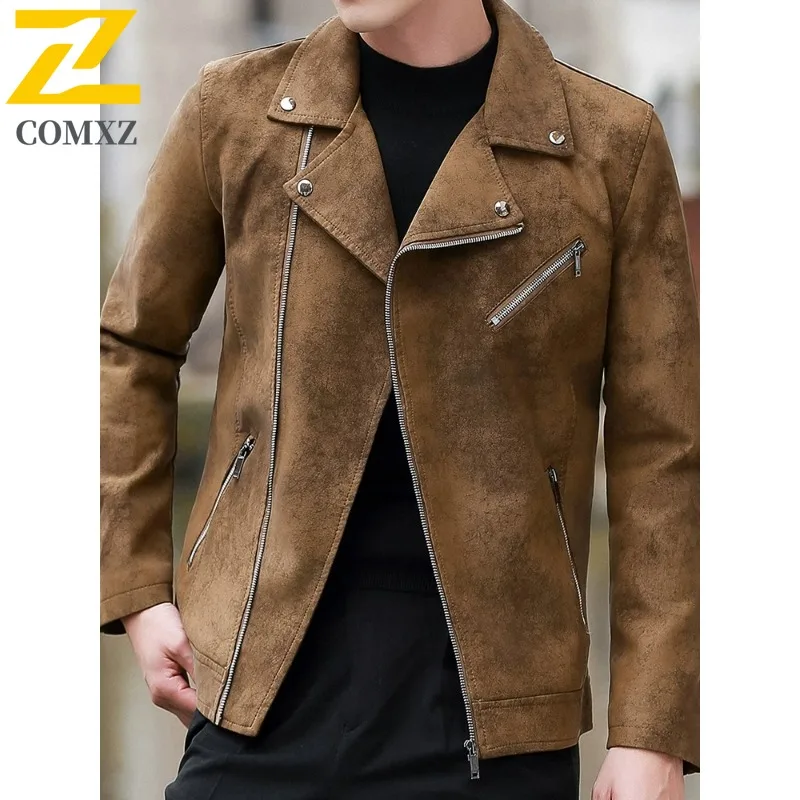 

COMXZ Men Leather Jacket Stand Collar Outdoor Cycling Comfortable Coat Premium Solid Color Travel Lightweight Autumn Zipper Coat