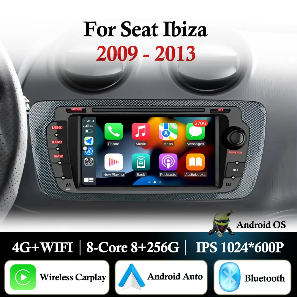 CarPlay de 7 pulgadas para Seat Ibiza 2009 2010 2011 2012 2013 Radio de coche reproductor Multimedia estéreo pantalla táctil de coche WiFi navegación GPS