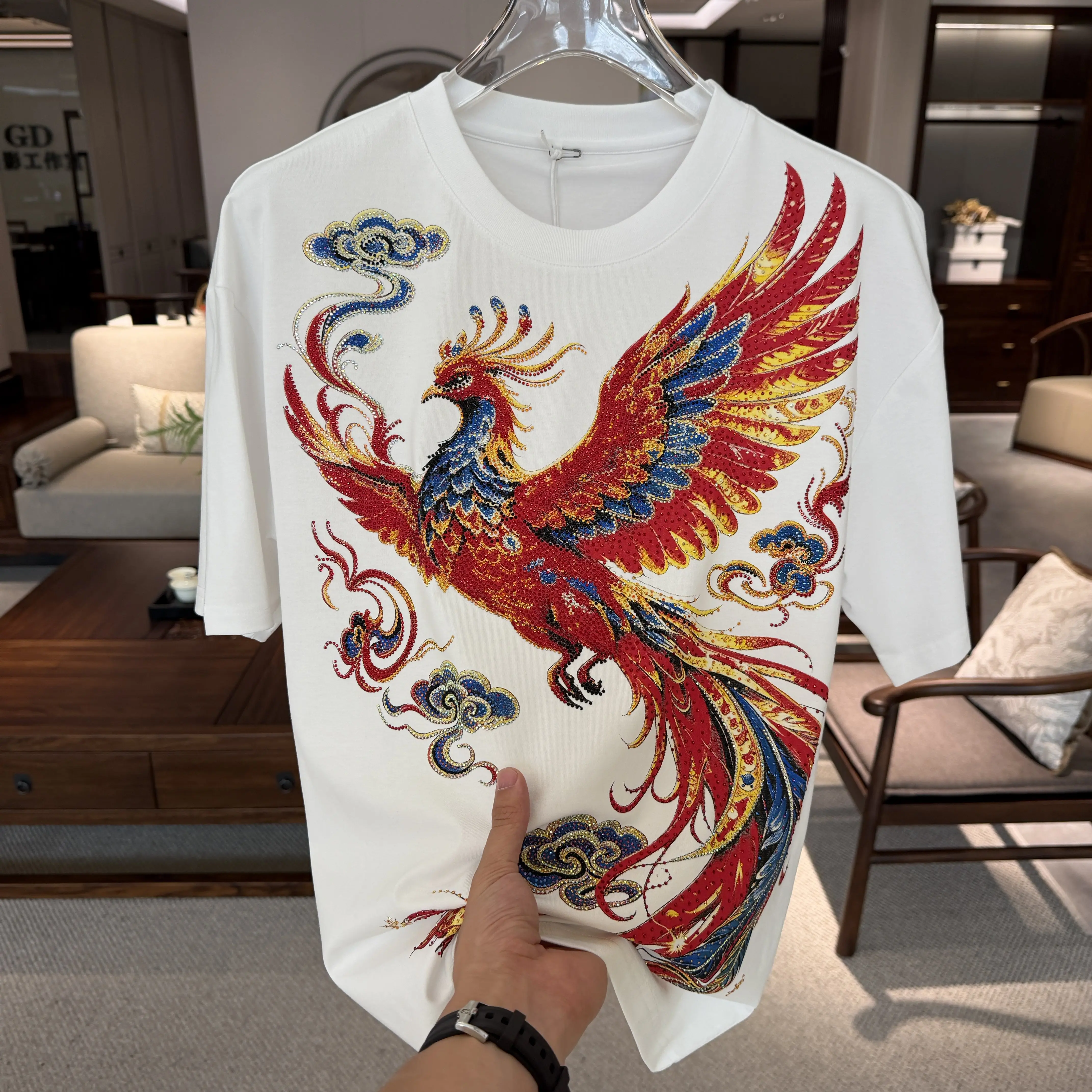 Handsome Chinese Wind Hot Diamonds Phoenix Printed Short Sleeve T-shirt Male Cotton Tees Round Neck Large Size Casual Tops 5XL