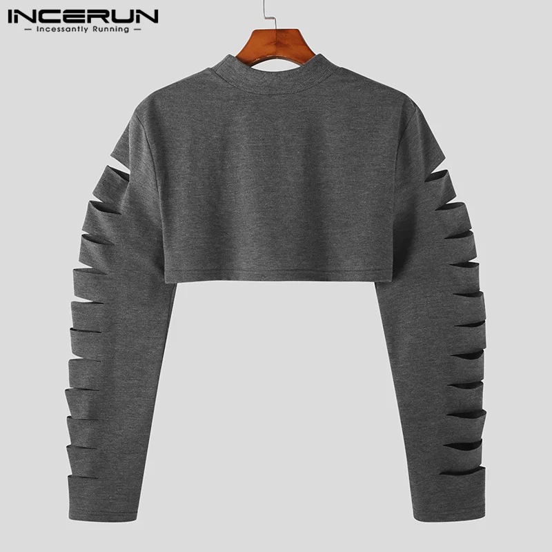 INCERUN Tops 2024 American Style New Men\'s Fashionable Hollowed T-shirts Casual Party Hot Selling Printed Long Sleeved Camiseta