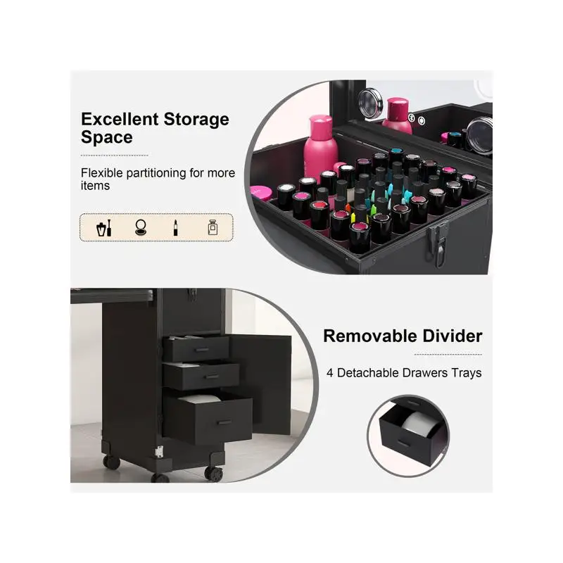 Portable Nail Art Table with LED Mirror, Bluetooth Function, Lockable Drawers, and Telescopic Pole - Folding Manicure Station