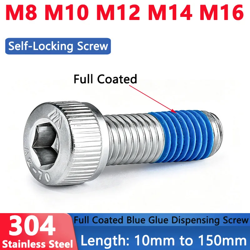 M8 M10 M12 M14 M16 304 Stianless Steel Allen Hexagon Hex Socket Head Cap Bolt Full Coated Blue Glue Dispensing Screw L=10-150mm