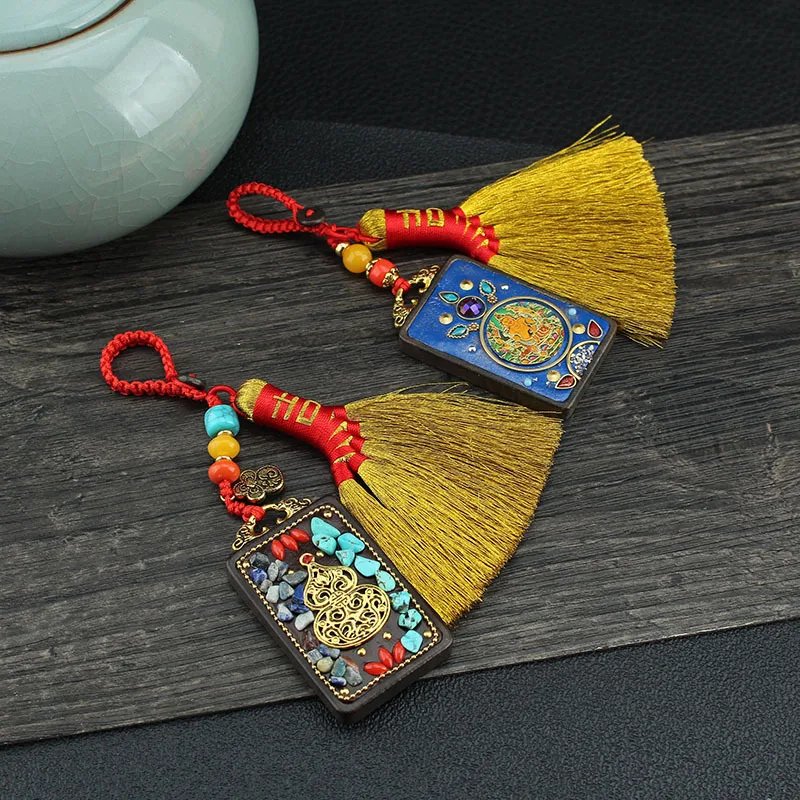 Sandalwood Keychain Men Women Pendant Vintage Chinoiserie Jewelry Personality Creative Ebony Wooden tassels Keychains Accessorie