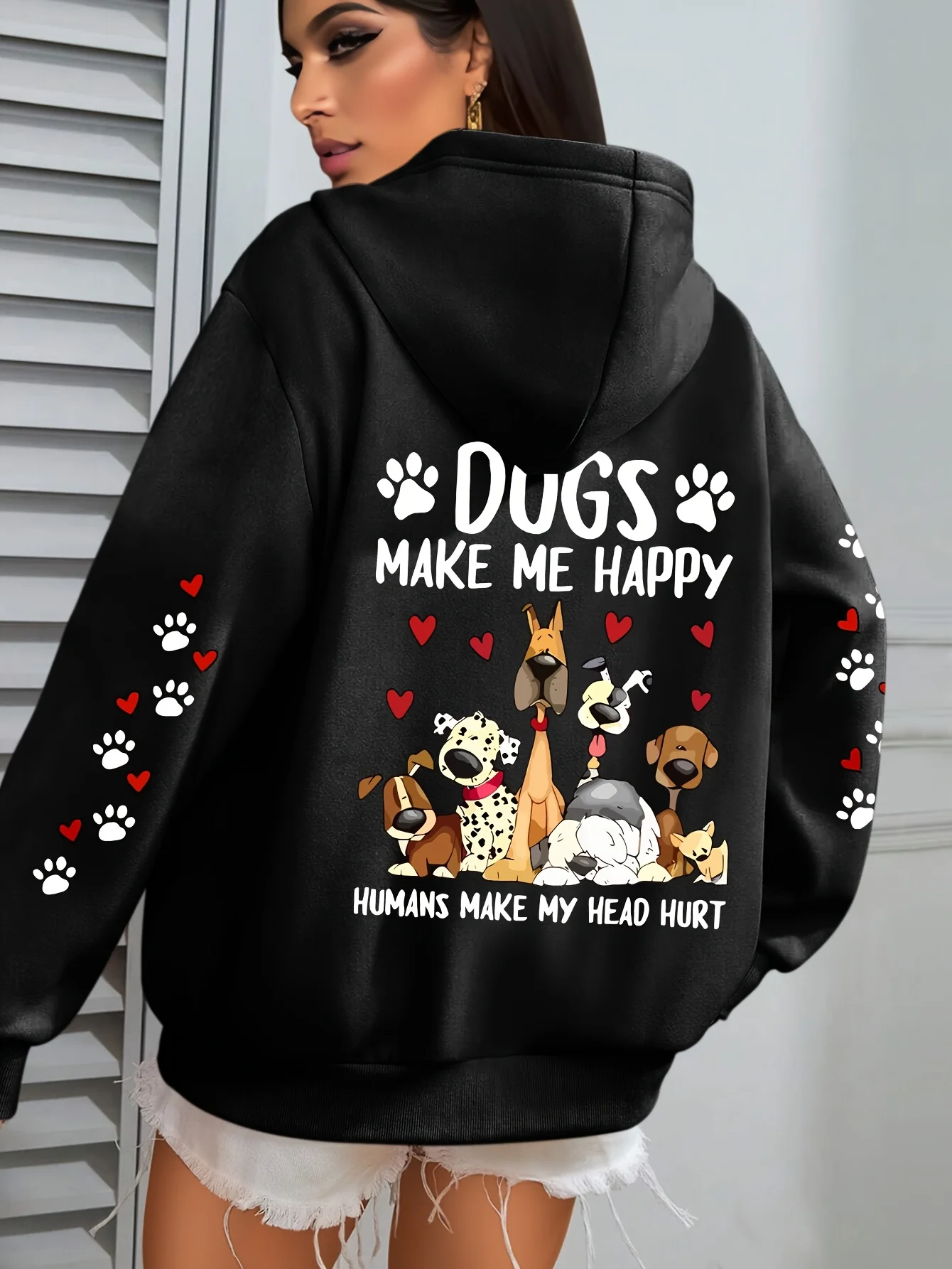 

"Dogs Make Me Happy" Cartoon Print Boys Girls Pullover Hoodies Cute Soft Comfy Stylish Loose-Fit Large Long Sleeve Autumn Winter