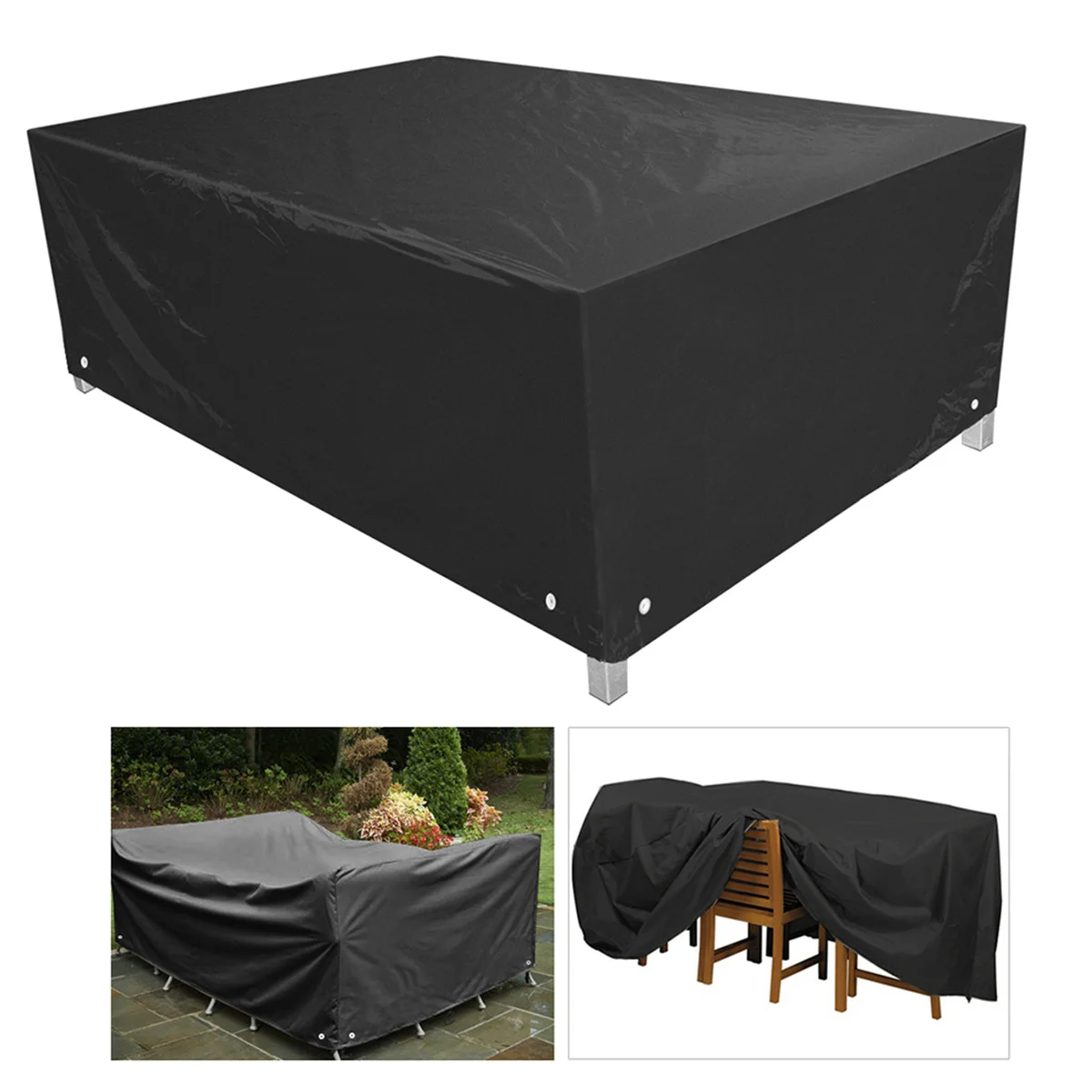 

Black Waterproof Outdoor Furniture Cover Polyester PVC Patio Table Chair Cover Heavy Duty Double Stitching 8 Grommet Nylon Cord