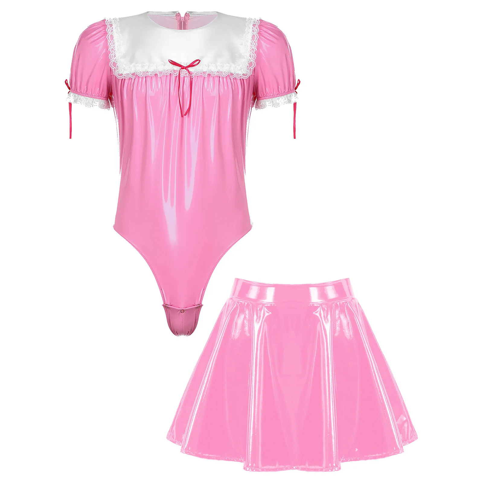 

Mens Sissy Crossdresser Maid Cosplay Costume Set Patent Leather Puff Sleeve Lace Trim Bodysuit with Flared Skirt Lingerie Set