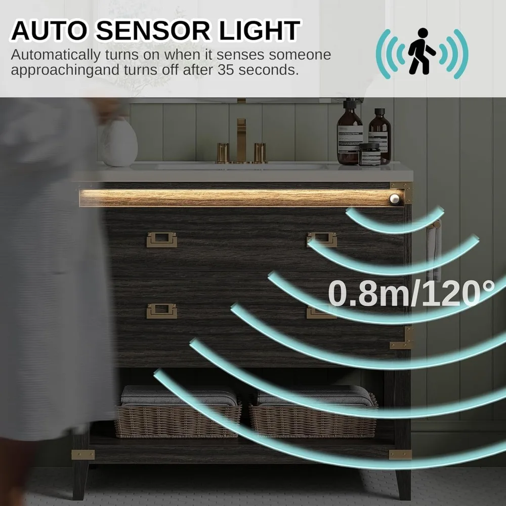 ชุดโต๊ะเครื่องแป้งไม้แบบตั้งพื้นพร้อมไฟส่องสว่างอัตโนมัติและลิ้นชัก 2 ช่องสำหรับห้องน้ำ