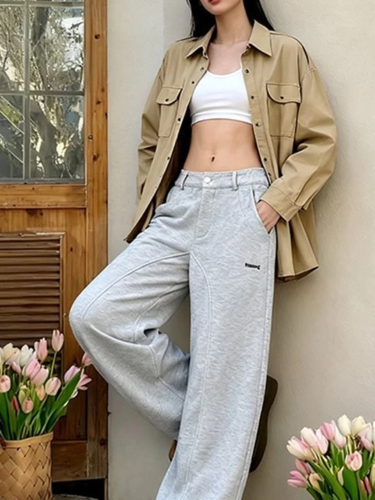 Y2K-pantalones Retro americanos para mujer, traje estilo cintura para correr, pierna ancha gruesa, corte de guadaña, ropa de calle informal, pantalones de pierna ancha versátiles