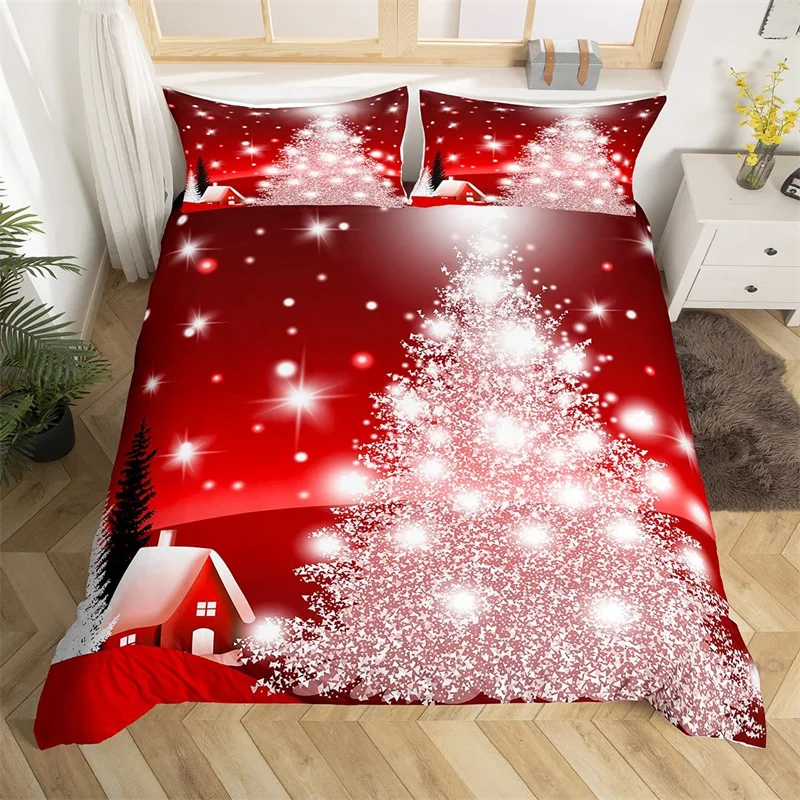 

Merry Christmas Tree Bedding Set Red Duvet Cover Set Xmas Snowflake Glitter Comforter Cover Microfiber Twin King Bedspread Cover