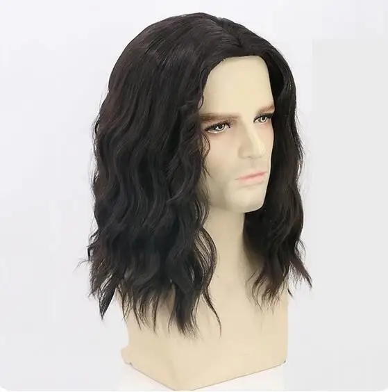 Wig pria Wig sintetis hitam pendek keriting, rambut palsu lucu untuk pesta pria