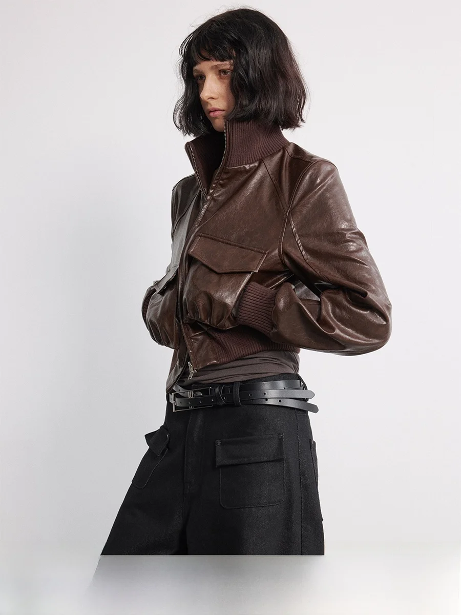 

JCAESAR Women's Oil Wax Leather Jaet ort Glossy Texture Loose Fit ket Dstring Biker Jaet Casual Sle