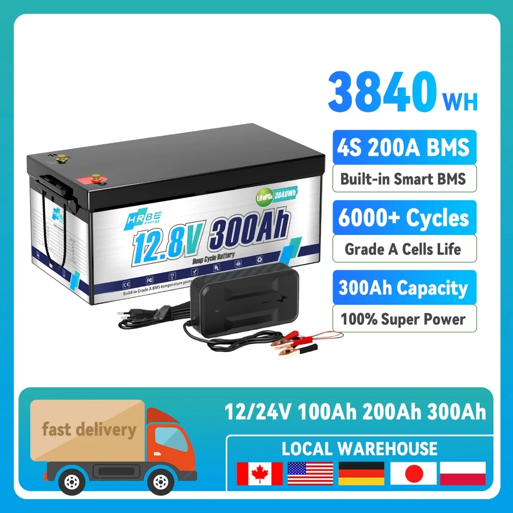 

12V 300Ah 200ah 100ah LiFePO4 Lithium Battery,Built-in BMS,Low Temperature Protection Deep Cycle Battery for Trolling Motor,RV