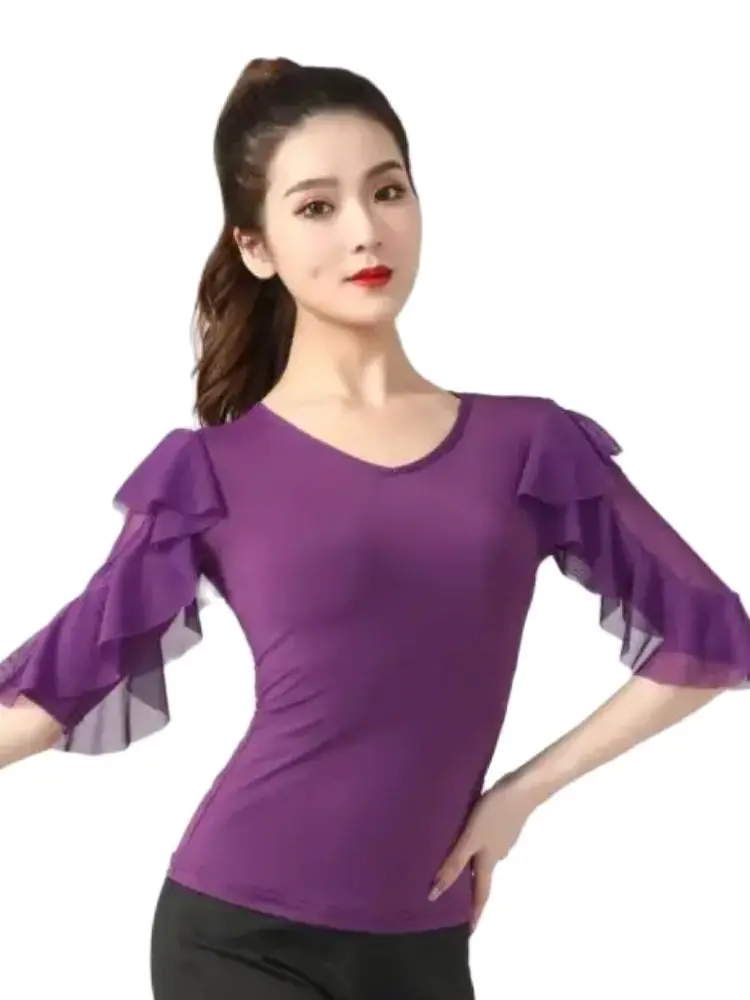 1 teile/los Latin dance shirt weibliche moderne tanz performance kostüm frau standard V-ausschnitt lotus sleeve tanz top