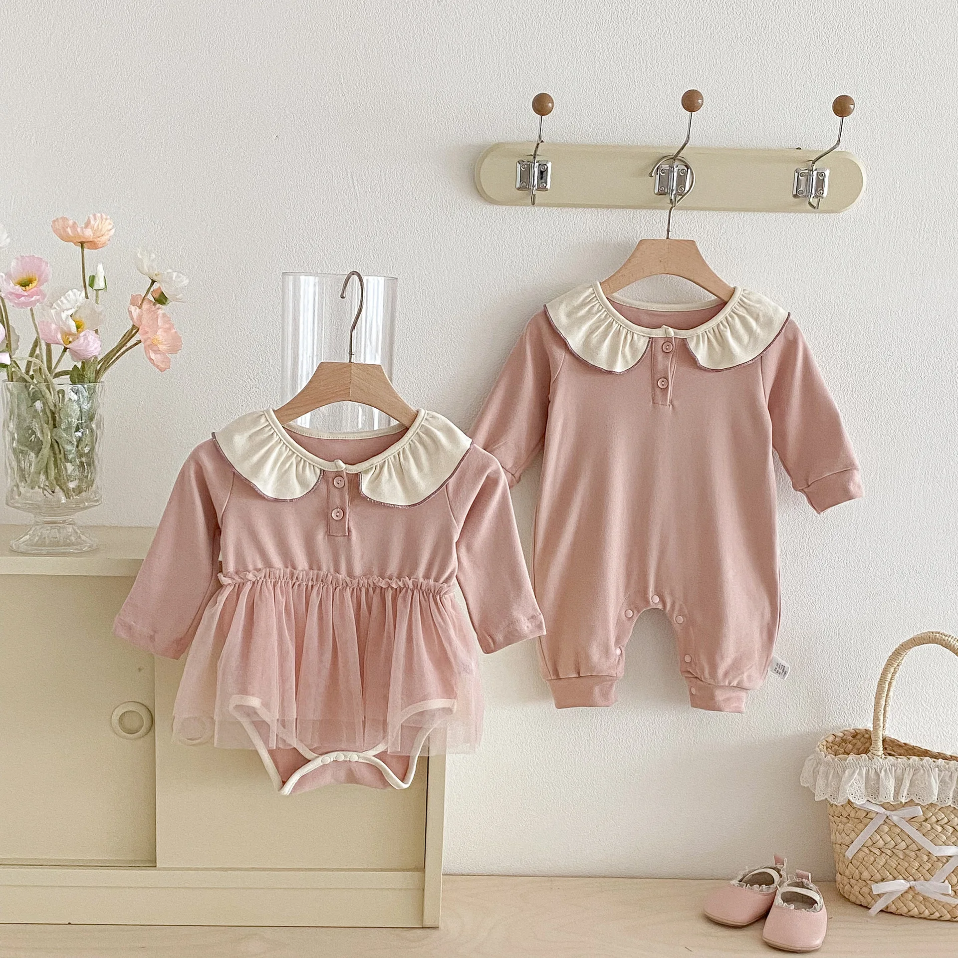 2025 Spring and Autumn baby clothes, 6-24 Months baby one-piece dress, front-opening button baby girl clothes, mesh dress