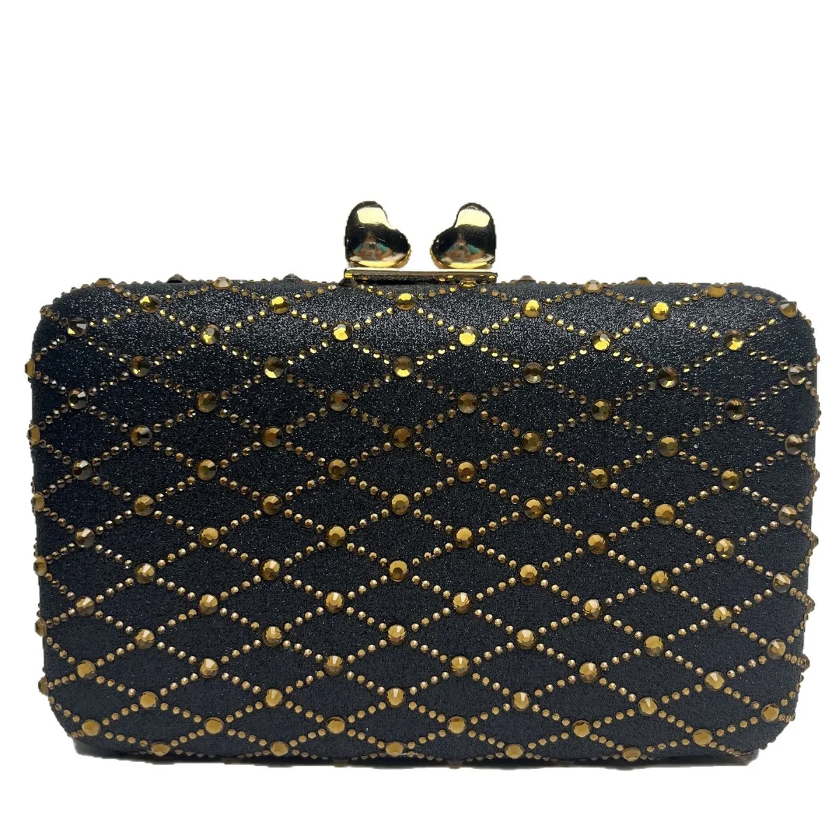 Classic Black Wave Gold Rhinestone Evening Clutch Bag With Heart Shape Metal Clasp Hard Shell Formal Dinner Purse Middle Aged