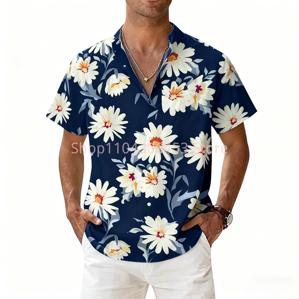 New Men's 8-color Natural Color Flowers 3D Printed Short-sleeved Lapel Hawaiian Beach Party Light Breathable Casual Shirt Top