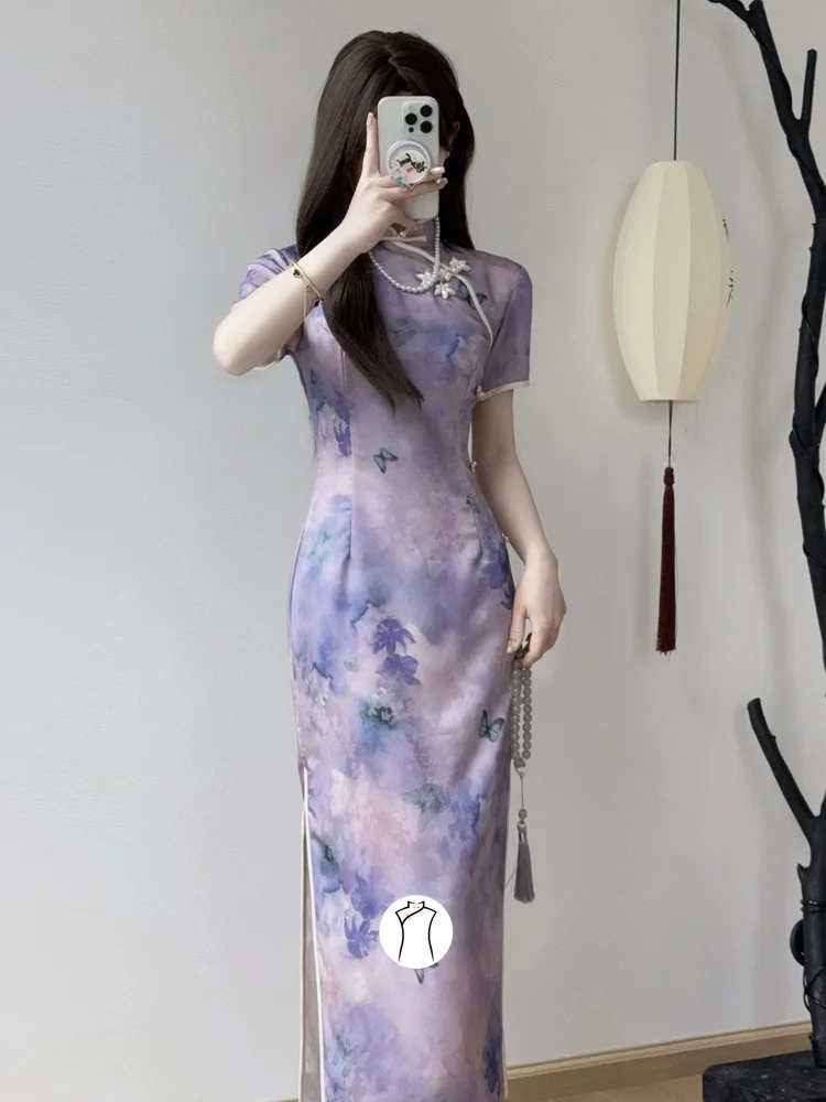 

Ele Purple Qipao Young Sle Slimming New Chinese Version Beautiful Aosphere Floral Pattern Breathable ort Sve Lon...