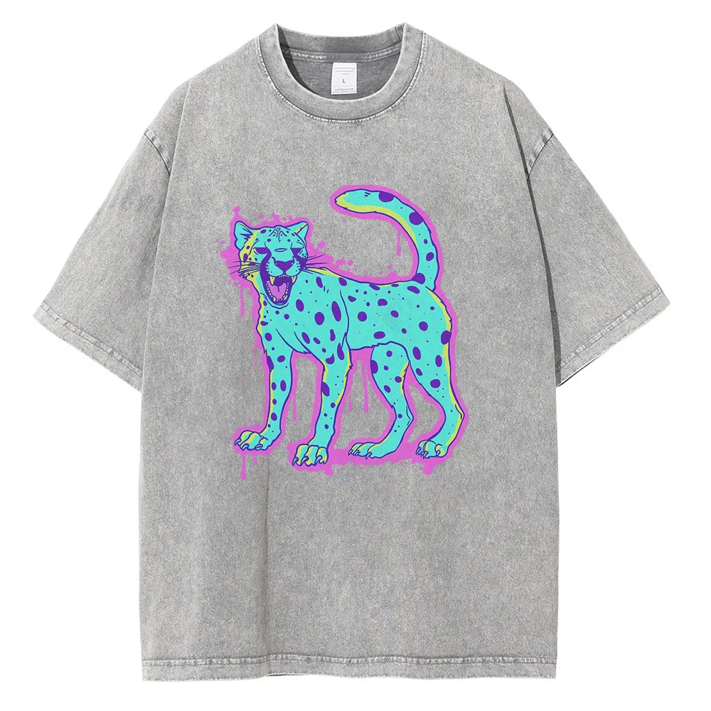 Cheetah Psychedelic Graphic T Shirts Heavyweight Pure Cotton Distressed Washed T Shirt Drop Shoulder Vintage Oversized Mens Tops