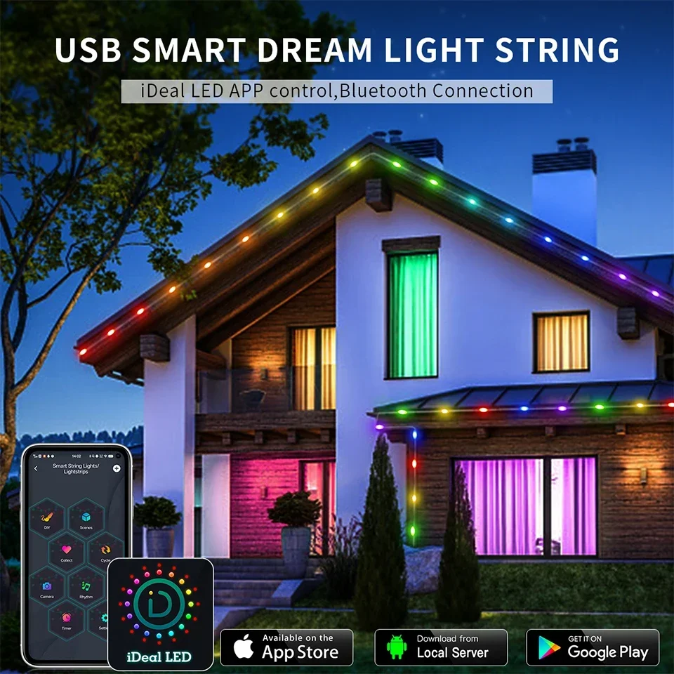 20M RGBIC USB 5V LED Sting Light Bluetooth Music APP WS2812 Programmable DIY Fairy Lights Birthday Party Garland Christmas Decor