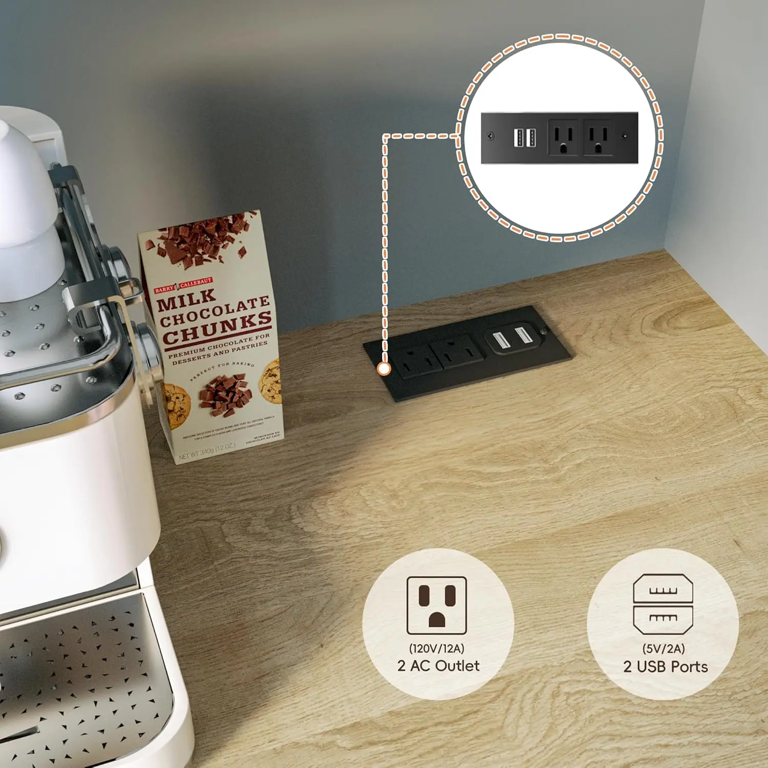 Gabinete de despensa de cocina de 71' con estación de carga, aparador alto con encimera, cajones y estante para microondas, gris