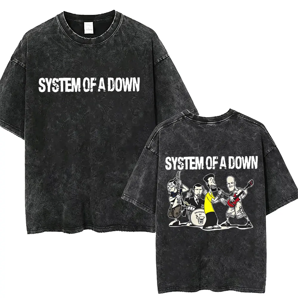 System of A Down Vintage Washed T-shirt Cotton Quality Short Sleeve Tees Male Rock Music Band Cartoon